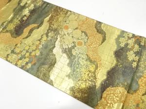 服部織物製　こはく錦　道長取りに菊・楓模様織り出し　袋帯